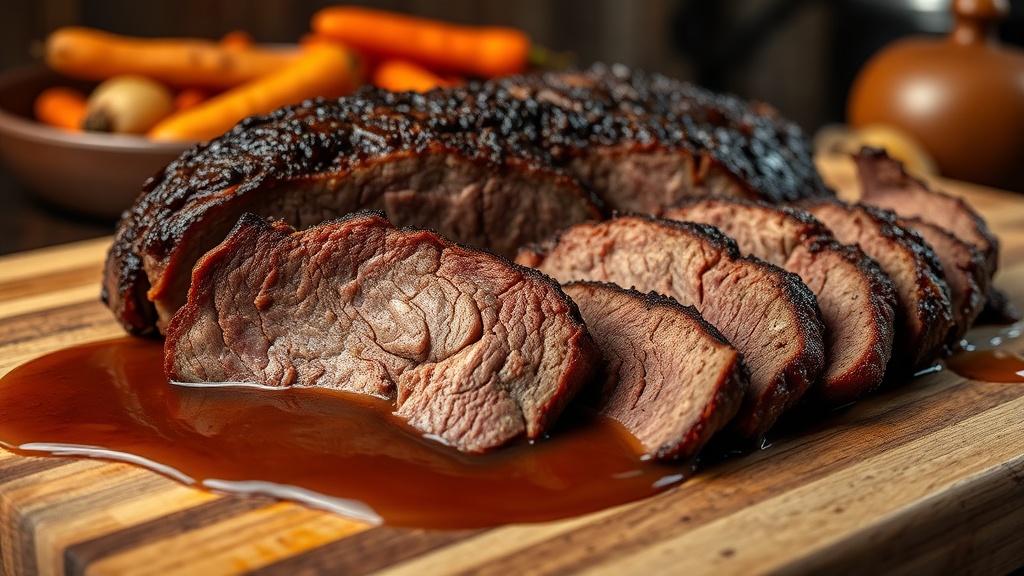 Sliced beef brisket on a wooden cutting board with rich gravy and roasted vegetables