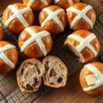 Freshly baked hot cross buns with icing crosses on a cooling rack