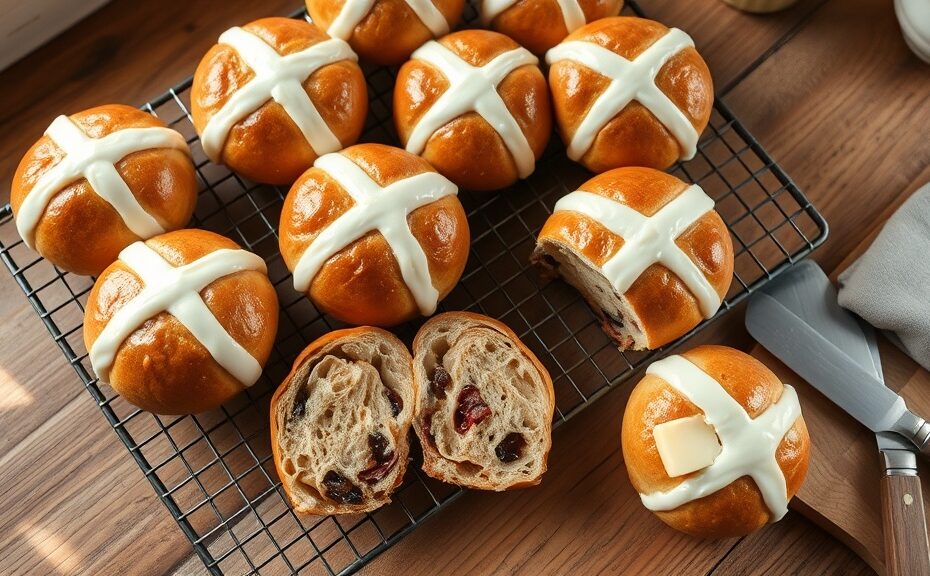 Freshly baked hot cross buns with icing crosses on a cooling rack
