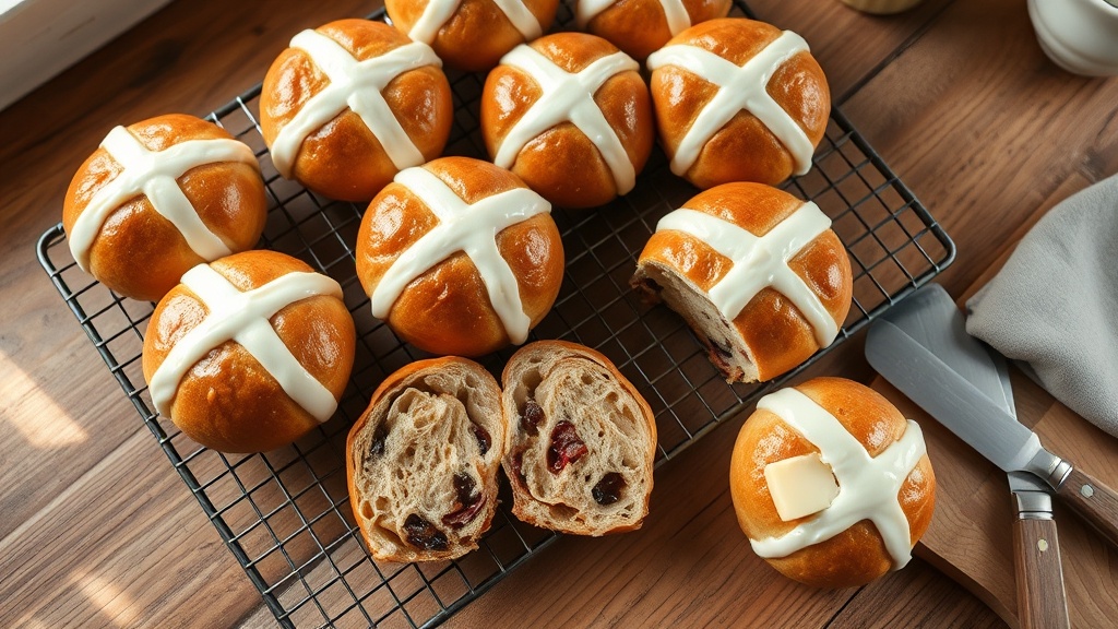 Freshly baked hot cross buns with icing crosses on a cooling rack