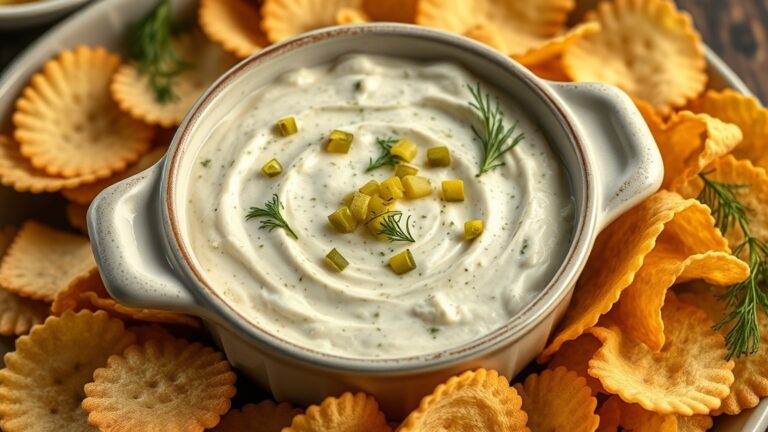 Creamy pickle dip in a stoneware bowl with chips