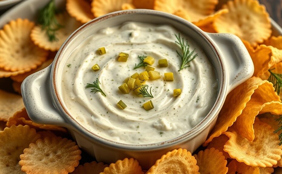 Creamy pickle dip in a stoneware bowl with chips