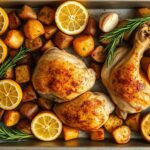 Sheet pan with roasted chicken thighs, potatoes, lemon halves, and fresh herbs