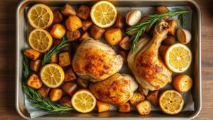 Sheet pan with roasted chicken thighs, potatoes, lemon halves, and fresh herbs
