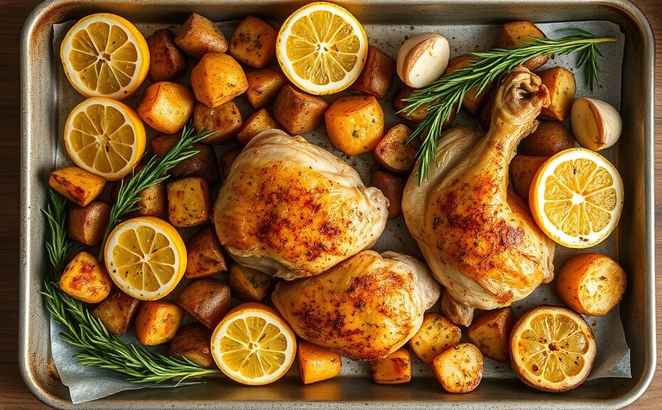 Sheet pan with roasted chicken thighs, potatoes, lemon halves, and fresh herbs
