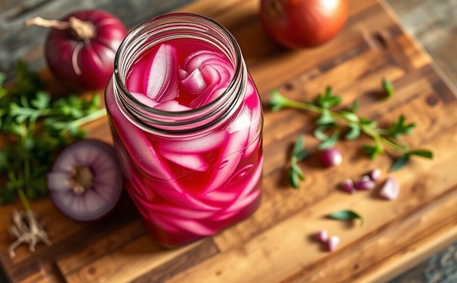 Quick pickled red onions in a mason jar on a wooden cutting board