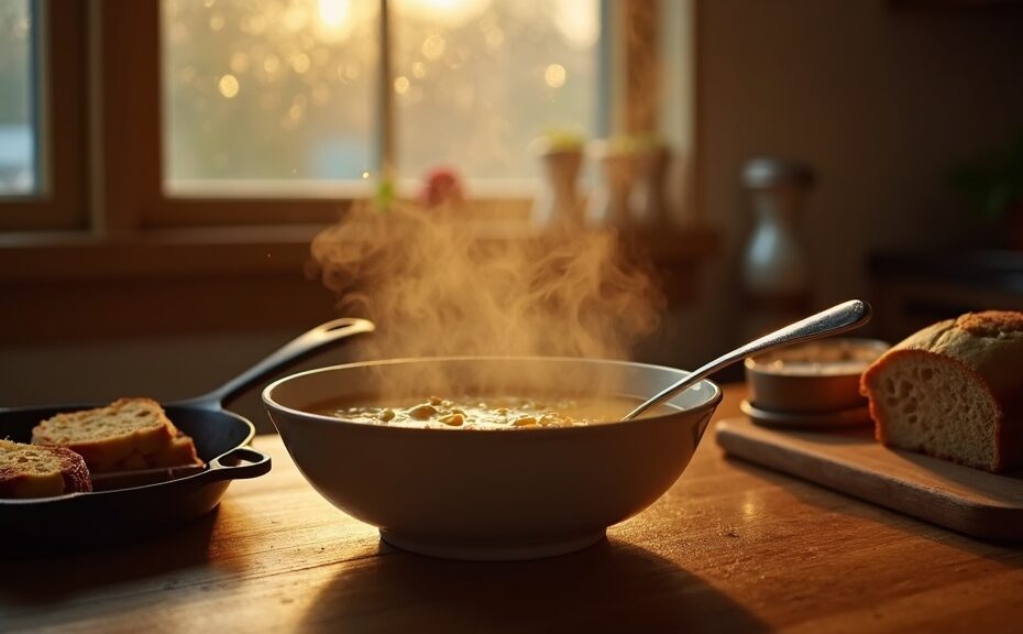 Cozy kitchen scene with steaming soup and grilled cheese on a rainy day