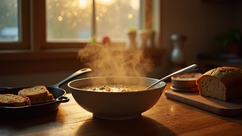 Cozy kitchen scene with steaming soup and grilled cheese on a rainy day