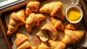Golden resurrection rolls on a baking sheet with one torn open showing the empty center, dusted with cinnamon sugar