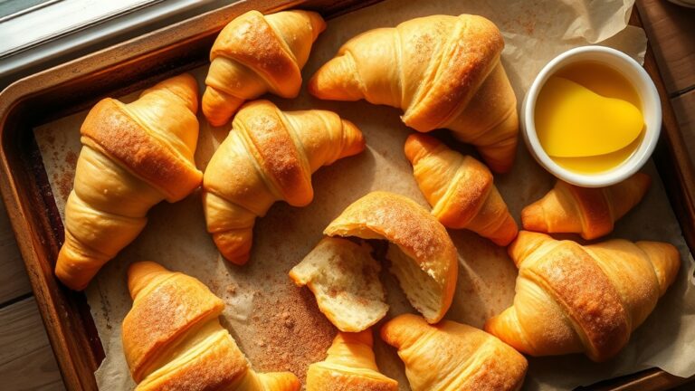 Golden resurrection rolls on a baking sheet with one torn open showing the empty center, dusted with cinnamon sugar