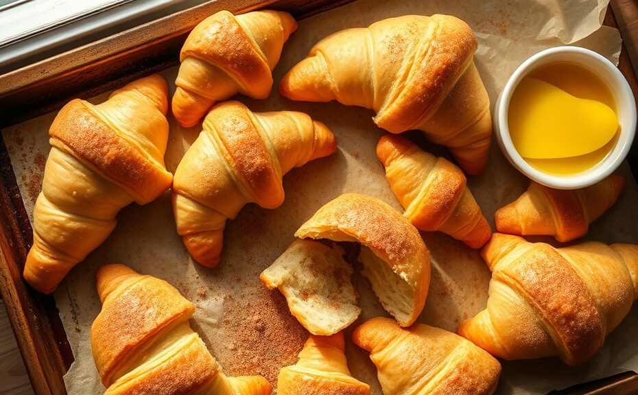 Golden resurrection rolls on a baking sheet with one torn open showing the empty center, dusted with cinnamon sugar