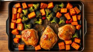Golden honey garlic chicken thighs on a sheet pan with roasted broccoli, sweet potatoes, and bell peppers
