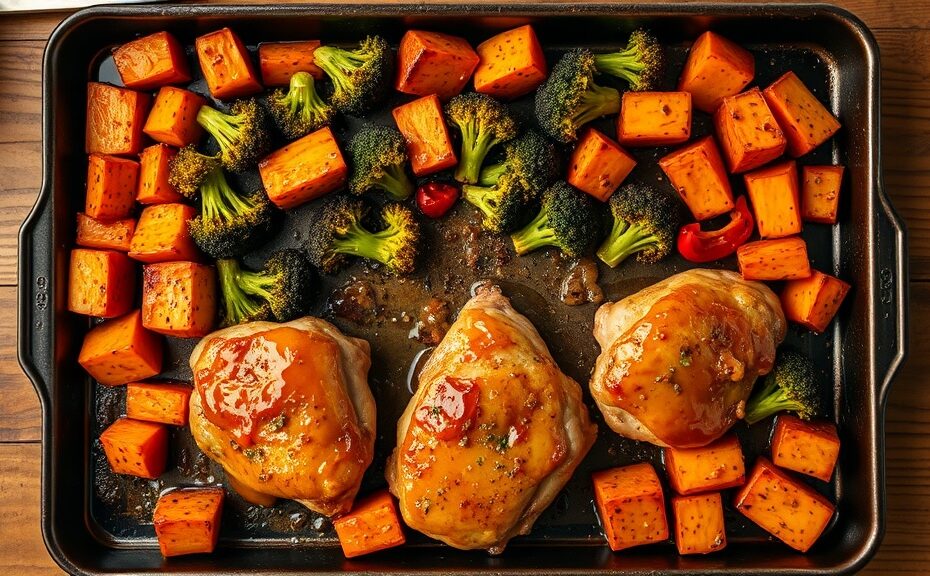 Golden honey garlic chicken thighs on a sheet pan with roasted broccoli, sweet potatoes, and bell peppers