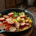 Cast iron skillet with crispy sausage and sauteed cabbage on a farmhouse table