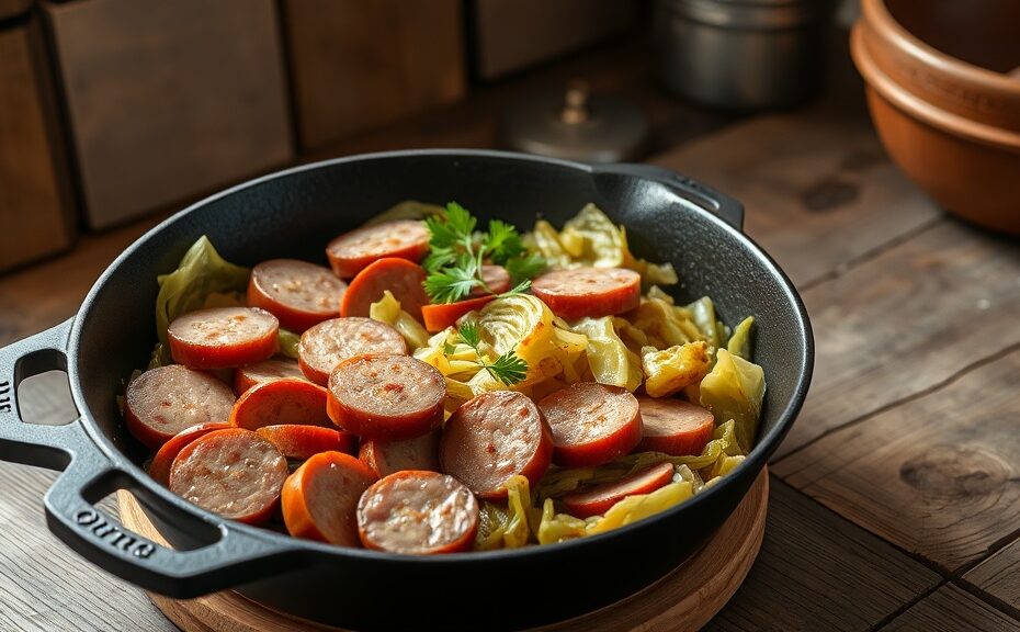 Cast iron skillet with crispy sausage and sauteed cabbage on a farmhouse table