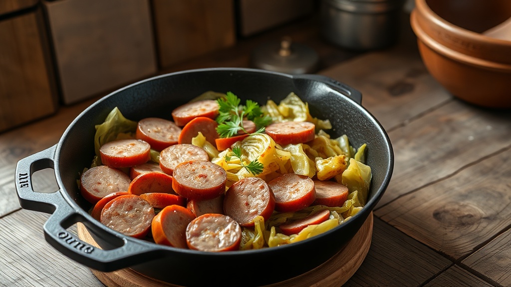Cast iron skillet with crispy sausage and sauteed cabbage on a farmhouse table