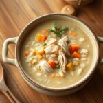 Creamy slow cooker chicken and wild rice soup in a rustic ceramic bowl with shredded chicken, wild rice, carrots, and celery garnished with fresh thyme