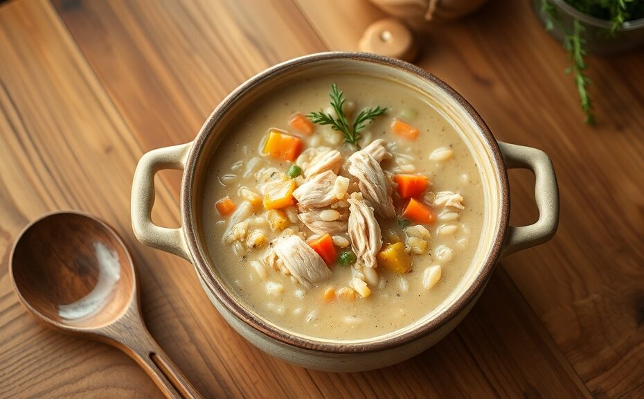Creamy slow cooker chicken and wild rice soup in a rustic ceramic bowl with shredded chicken, wild rice, carrots, and celery garnished with fresh thyme
