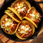 Smash burger tacos in a cast iron skillet with melted cheese, lettuce, onion, and pickles on corn tortillas