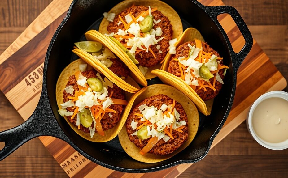 Smash burger tacos in a cast iron skillet with melted cheese, lettuce, onion, and pickles on corn tortillas