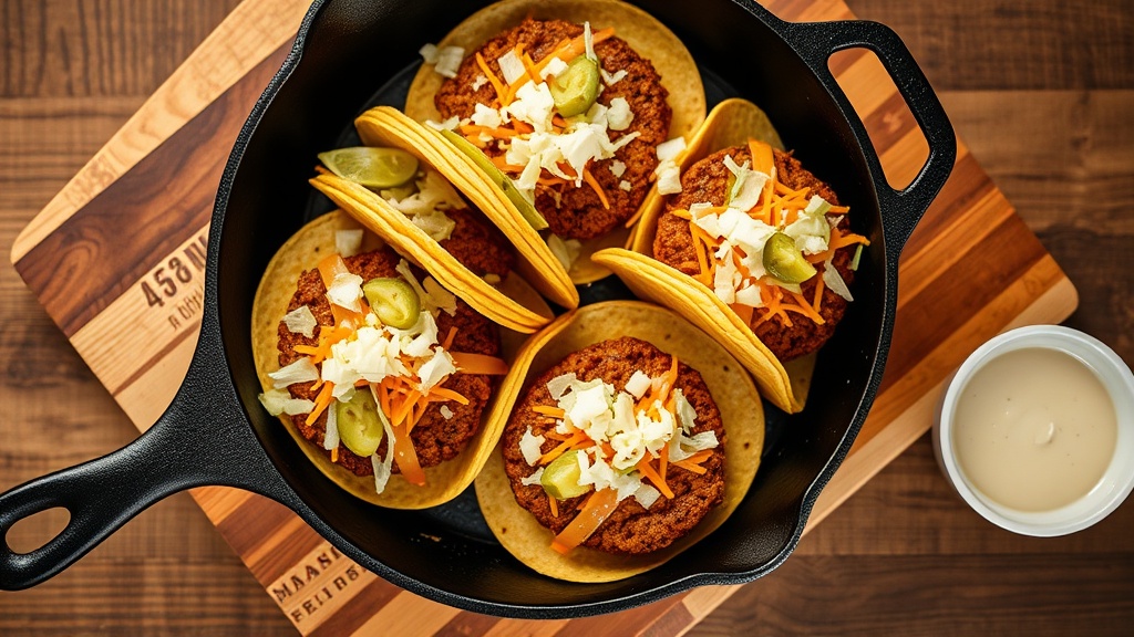 Smash burger tacos in a cast iron skillet