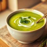 Creamy spring asparagus soup garnished with fresh herbs and crème fraîche