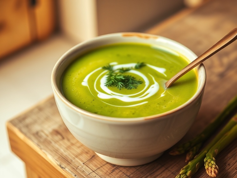 Creamy spring asparagus soup garnished with fresh herbs and crème fraîche
