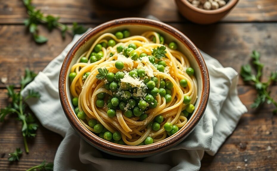 Bowl of spring pea and lemon pasta with fresh herbs and parmesan on a farmhouse table