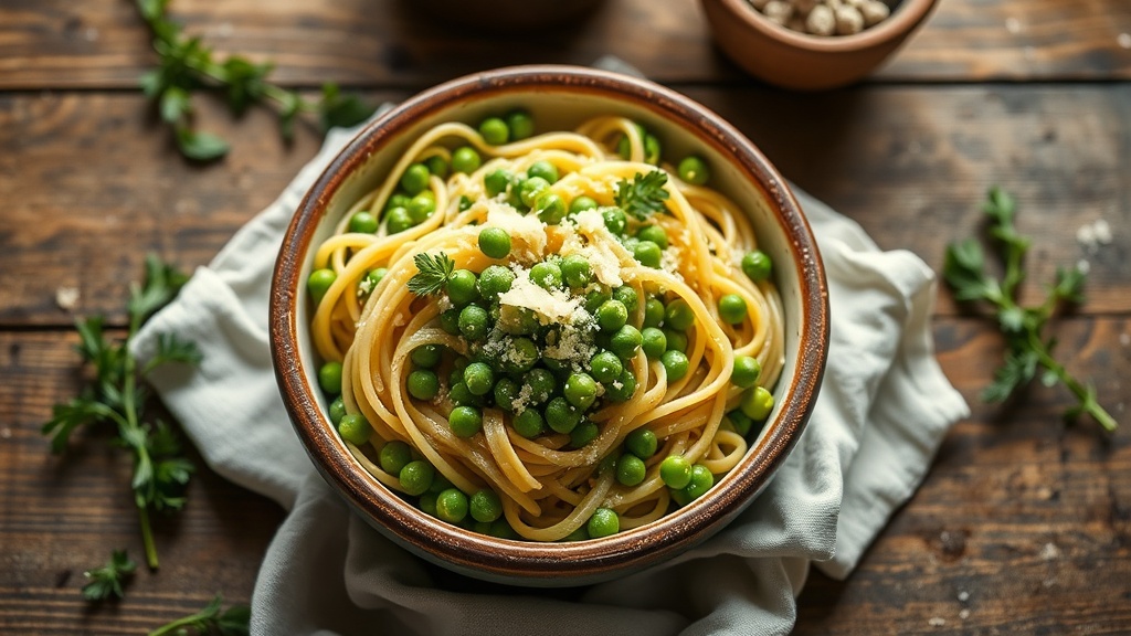 Spring pea and lemon pasta in a bowl