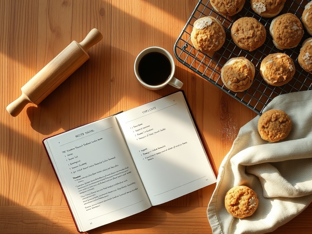 Farmhouse kitchen table with recipe journal, coffee, and fresh-baked cookies