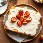 Strawberry lemon sheet cake with white glaze and fresh strawberries on a rustic farmhouse table