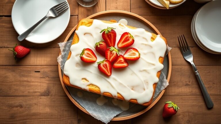 Strawberry lemon sheet cake with white glaze and fresh strawberries on a rustic farmhouse table