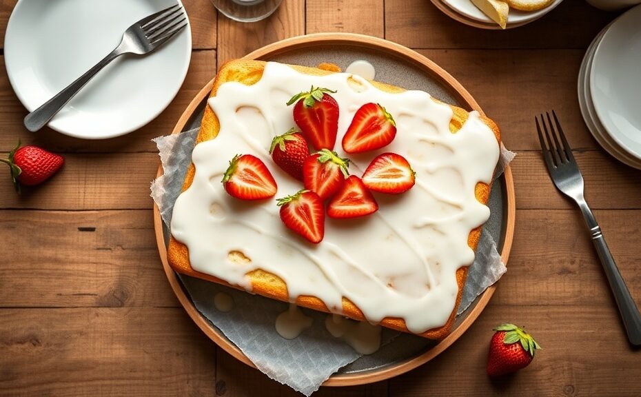 Strawberry lemon sheet cake with white glaze and fresh strawberries on a rustic farmhouse table
