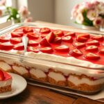 Strawberry pretzel salad in a 9x13 glass dish showing layers of pretzel crust, cream cheese, and bright red strawberry Jello topping