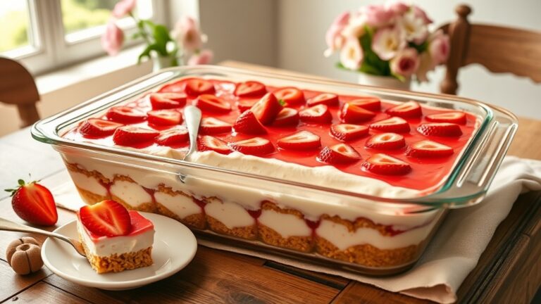 Strawberry pretzel salad in a 9x13 glass dish showing layers of pretzel crust, cream cheese, and bright red strawberry Jello topping