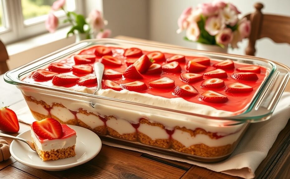 Strawberry pretzel salad in a 9x13 glass dish showing layers of pretzel crust, cream cheese, and bright red strawberry Jello topping