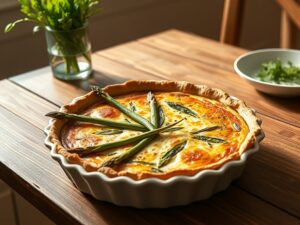 Golden-baked spring asparagus quiche on ceramic dish with fresh herbs in farmhouse kitchen