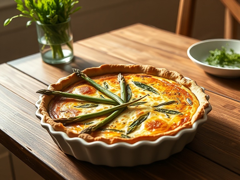 Golden-baked spring asparagus quiche on ceramic dish with fresh herbs in farmhouse kitchen