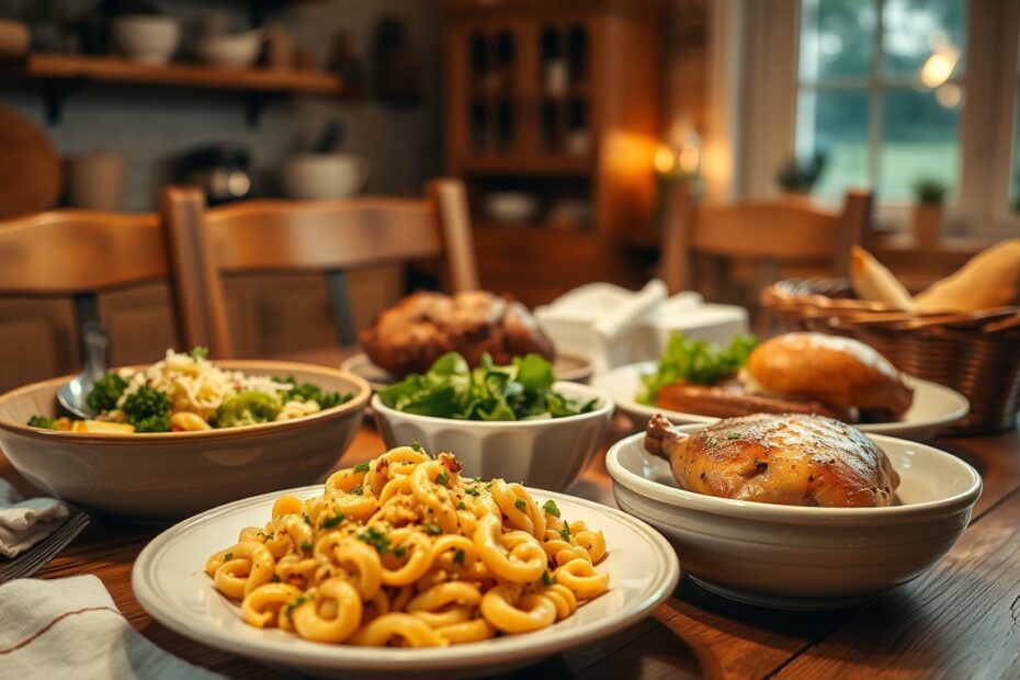 Warm family dinner spread on a rustic wooden table