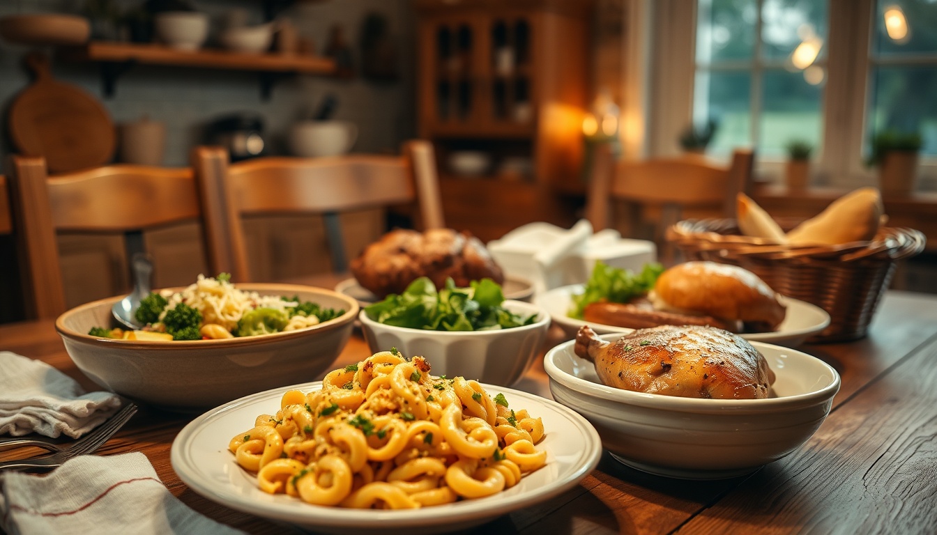 Warm family dinner spread on a rustic wooden table